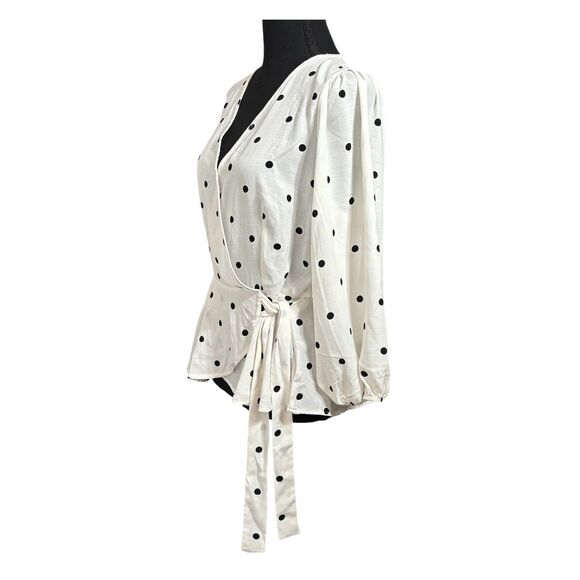 MERAKI Peplum Faux Wrap Blouse Long Sleeves White With Black Dots - Picture 4 of 11